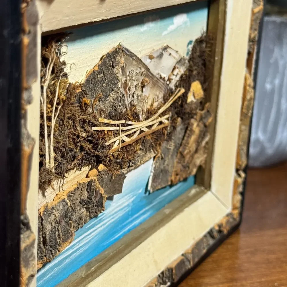 Vintage Japan Bark Art Shadow Box Mountain Lake Bridge Diorama Rustic Wall Decor